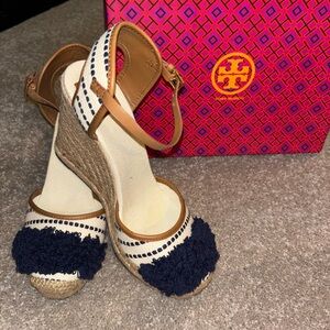 Tory Burch Navy and Tan Espadrille Wedges  , Brand New